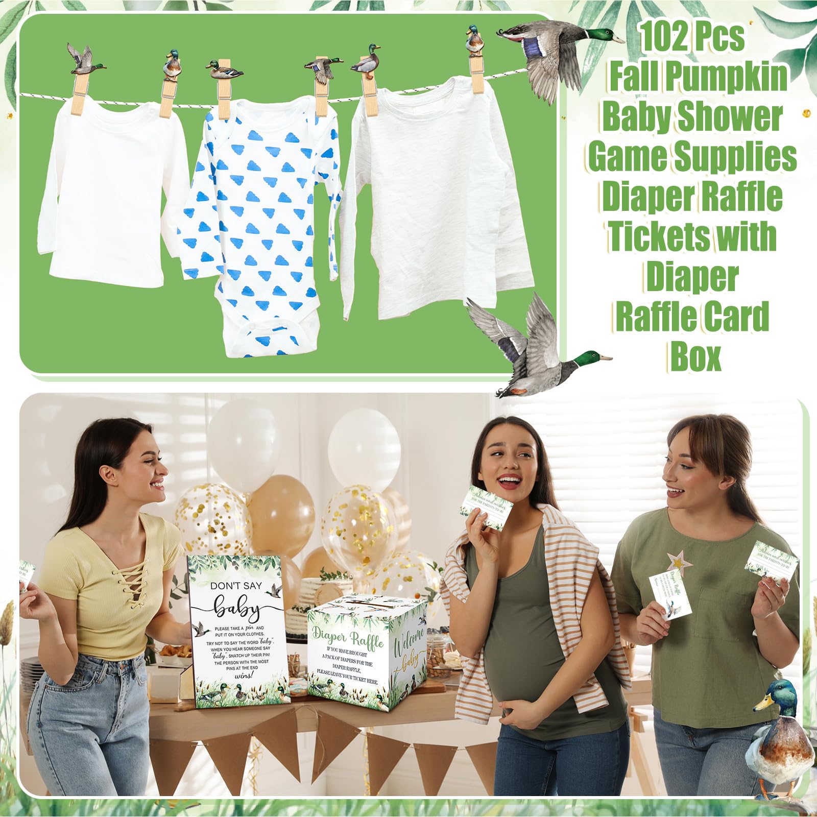 Dispowreath Stockente für Babypartys, Spielzubehör, Windeln, Tombola-Tickets mit Windel, Tombola-Karte, Box "Don't Say Baby", Mini-Stockente, Wäscheklammer, Spieldekoration, für Geschlechtsoffenbarung