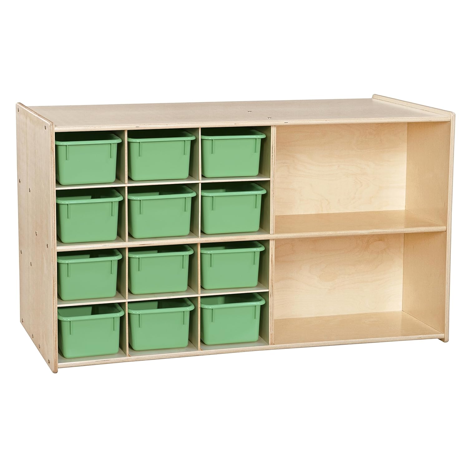 Contender Multi Storage Island with 12 Lime Green Trays [Comes Fully Assembled], 3 Full Length Shelf, Toy Organizer, for Kids, Classroom, Day Care, Preschool