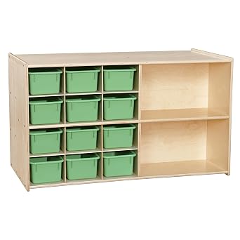 Contender Multi Storage Island with 12 Lime Green Trays, 3 Full Length Shelf, Toy Organizer, for Kids, Classroom, Day Care, Preschool, in Natural Finish