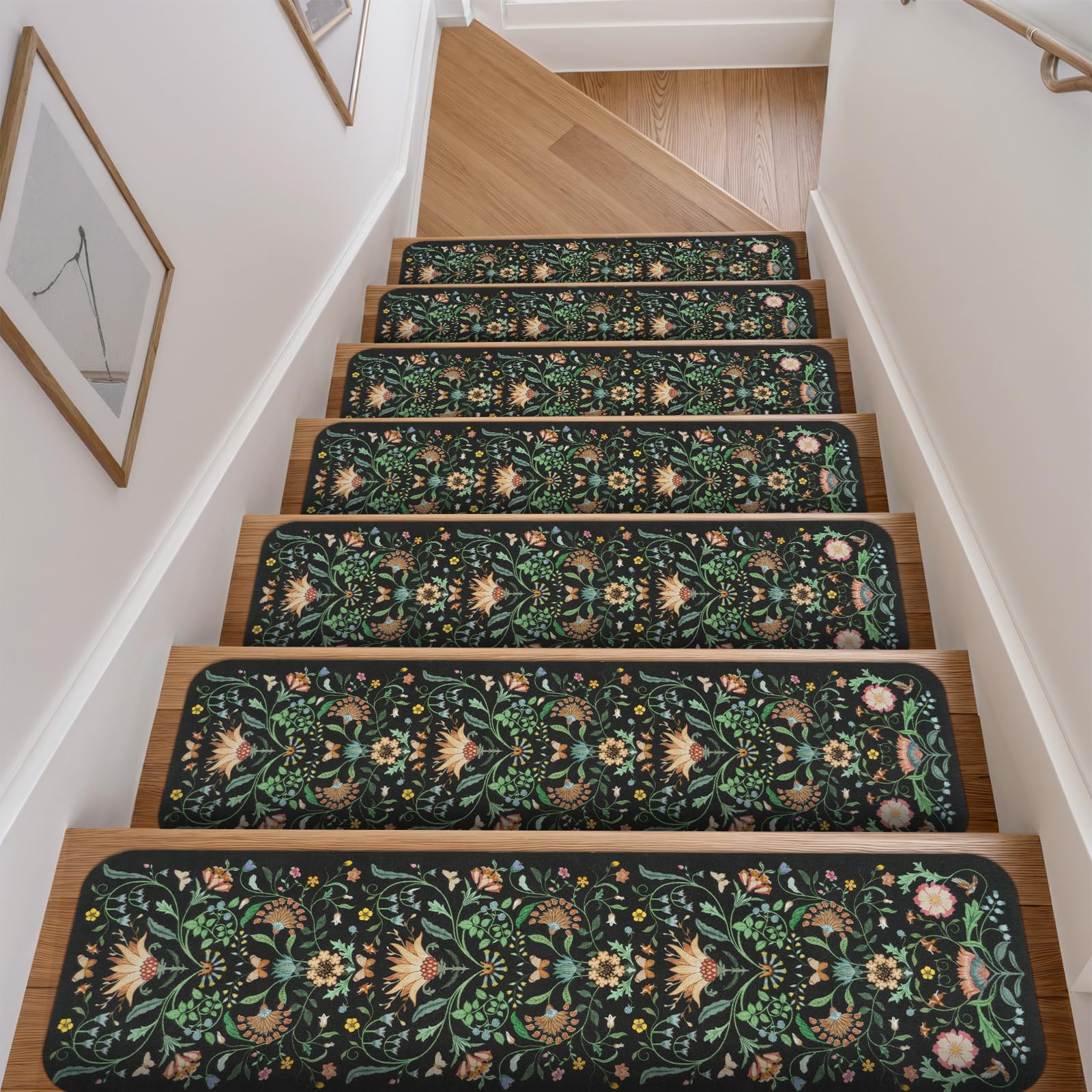 OJIA Floral Stair Treads Non-Slip Stair Runner for Wooden Steps Indoor 15PCS 30"x8" Carpet Stair Treads Stair Mats Staircase Step Treads for Kids,
