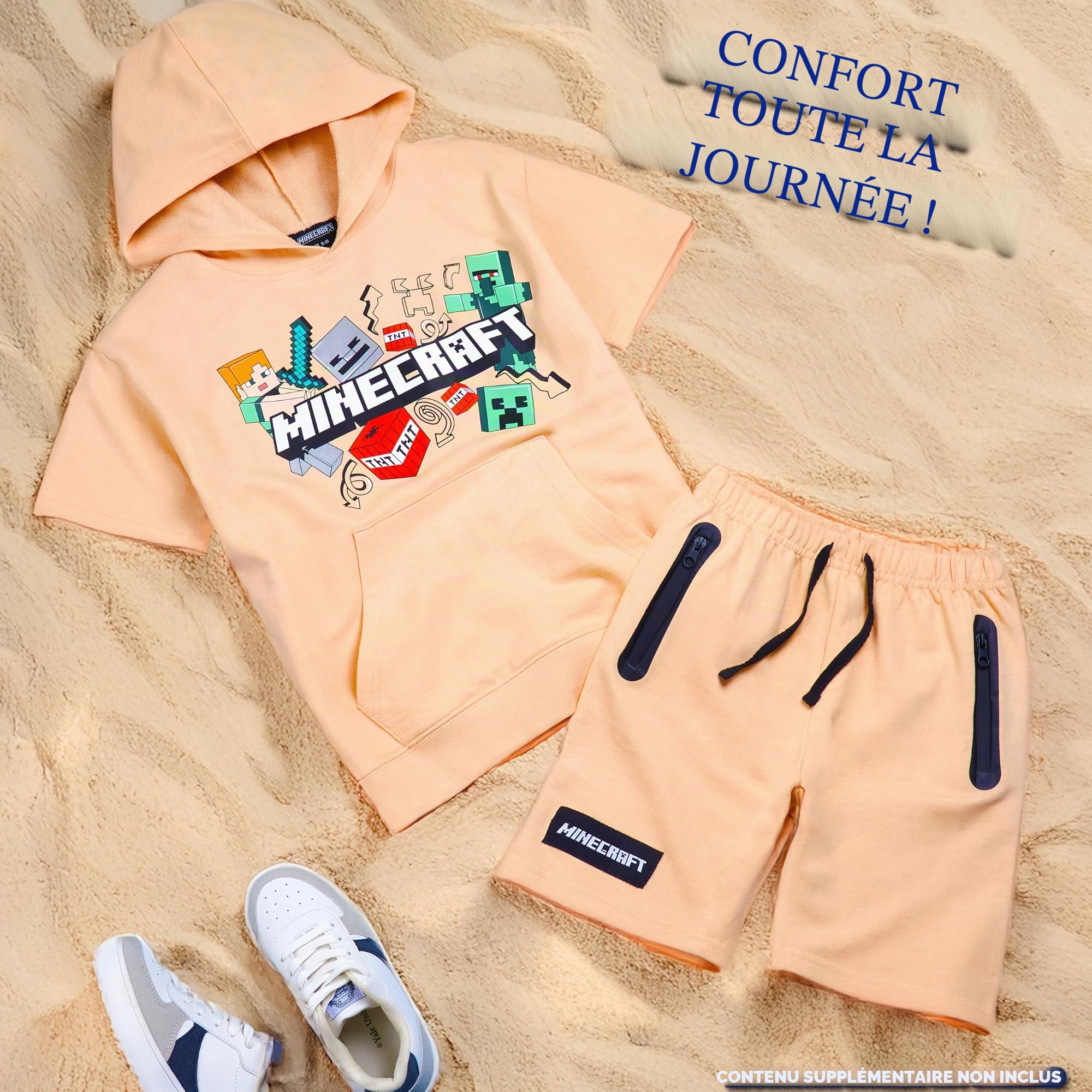 Minecraft Ensemble de survêtement à capuche et short pour garçon 2 pièces Creeper Adolescents Gamer Été Manches courtes Sweat à capuche Poches zippées Sports Casual Activewear