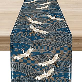 Japanese Table Runner , Traditional Crane Vintage Clouds Asian Oriental Table Decoration for Family Kitchen Outdoor Farmhouse Holiday Party Table Decorations 13x36 inch