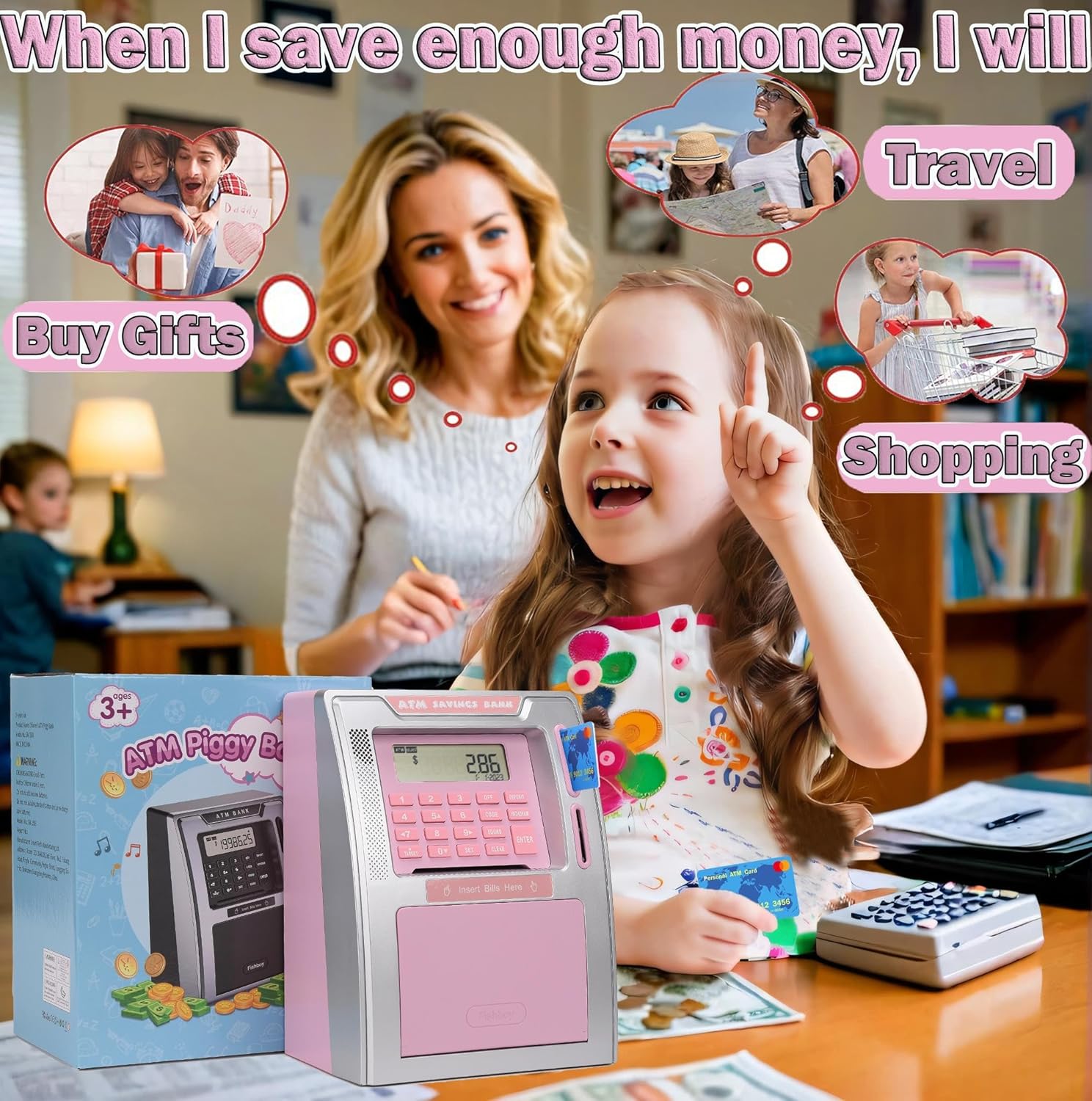 Fishboy ATM Piggy Bank with money and debit cards
