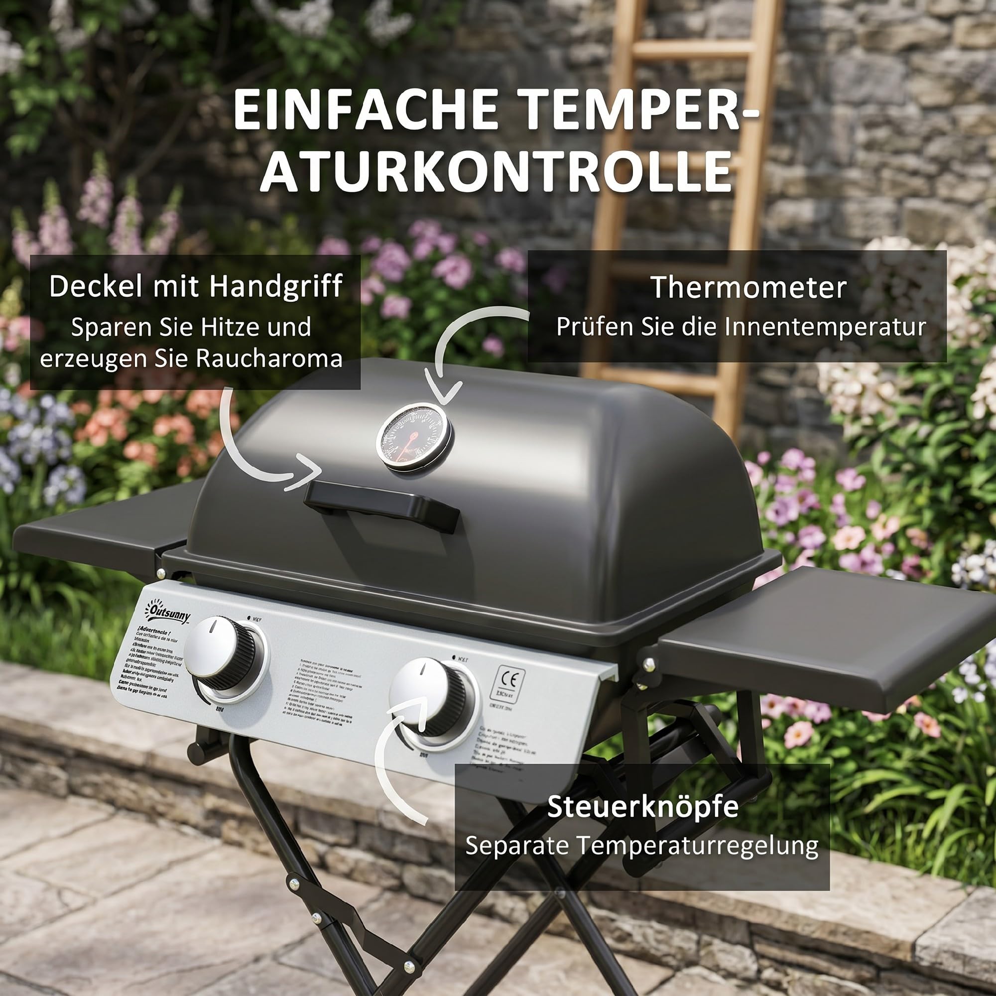 Outsunny Gasgrill 5,6 KW mit 2 Edelstahl-Brennern, klappbarer Grillwagen, Seitenablagen, Rollen, Deckel mit Thermometer, Druckminderer und Gasschlauch, BBQ Gartengrill, Camping-Grill 101 x 50 x 102 cm