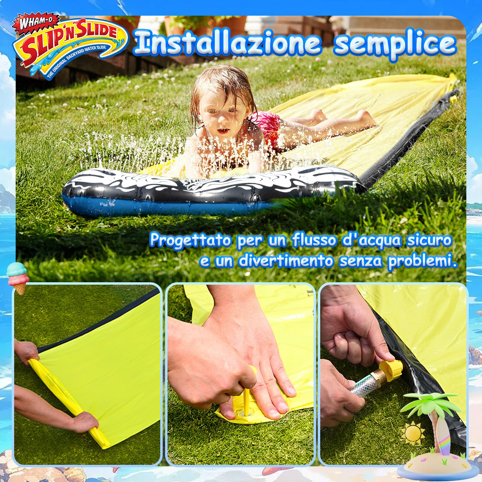 Wham-O Slip N Slide Wave Rider 548.64 cm con Boogie, Giocattoli estivi all'aperto per bambini da 5 a 12 anni, perfetti per le feste in giardino