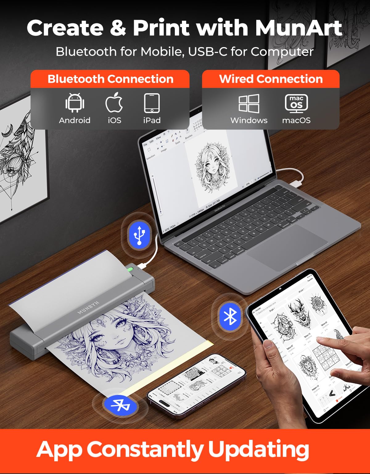 MUNBYN Termocopiadora Tattoo Bluetooth, Impresora Termica Tatuajes para DIY, Compatible con Smartphone y PC, Incluye 10 Hojas de Papel de Transferencia, ITP05S Gris