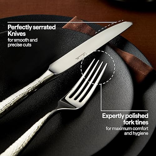 Miniatura 3 de Luciella Ponza - Juego de cubiertos para 12, 65 piezas de acero inoxidable con utensilios para servir, diseño martillado atemporal, resistente al