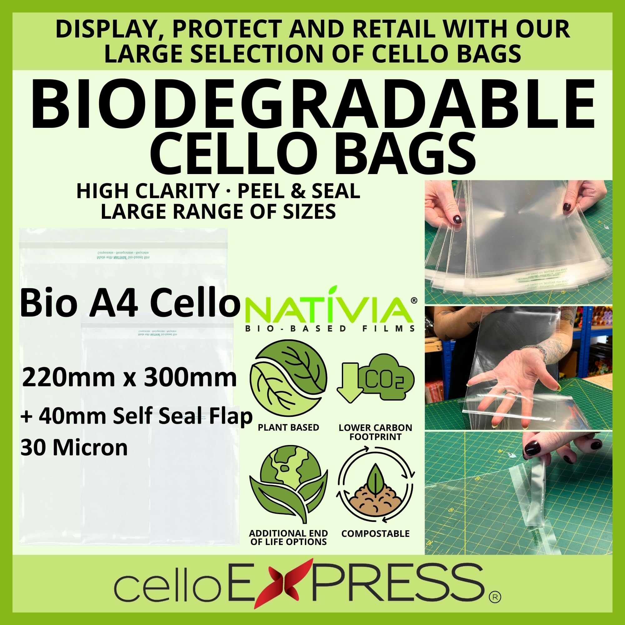 celloexpress Buste biodegradabili in cellophane A4, 220 x 300 mm