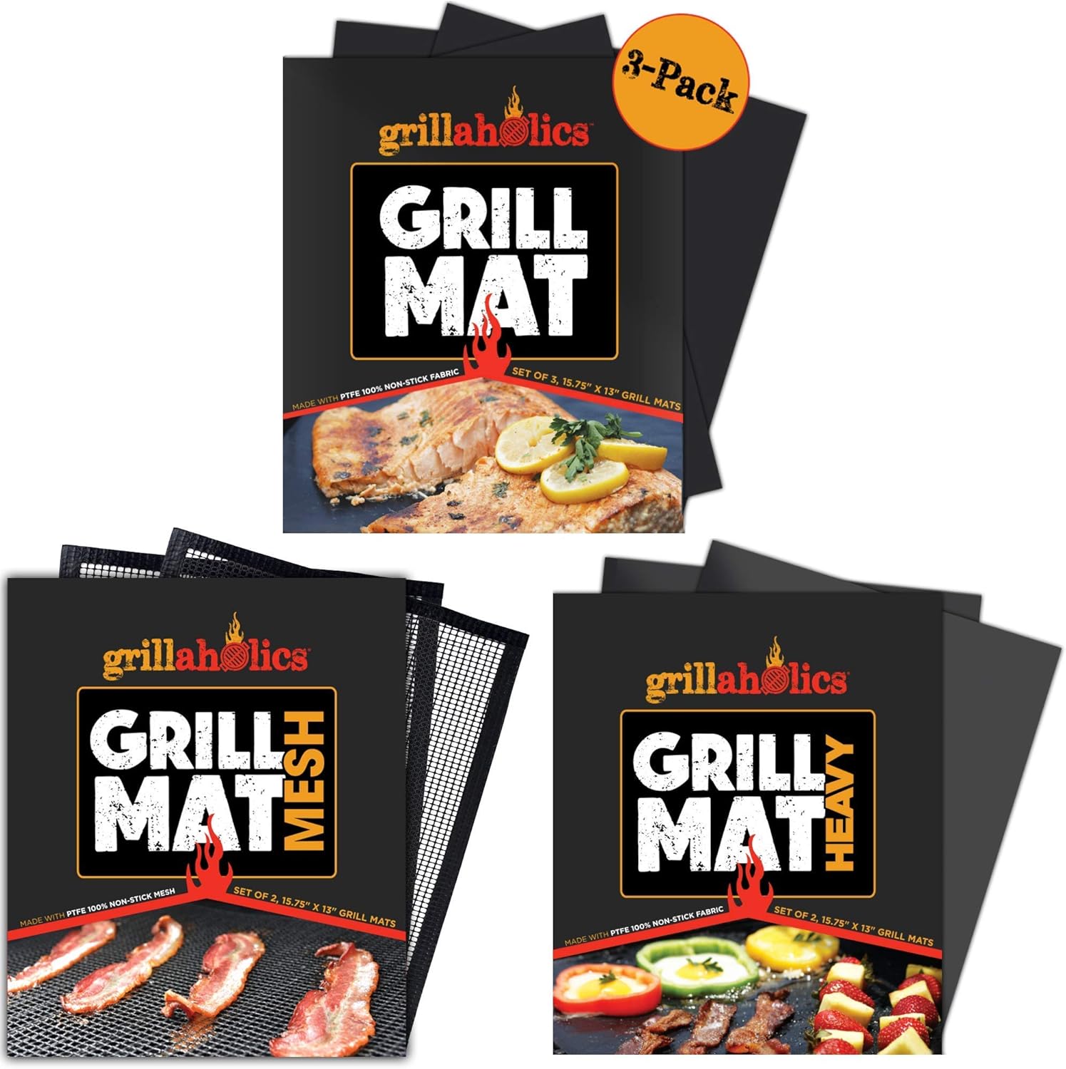 Grillaholics Grill Mat Bundle - Includes Nonstick Grill Mat 3-Pack 600 Degree Heavy Grill Mats Mesh Grill Mats