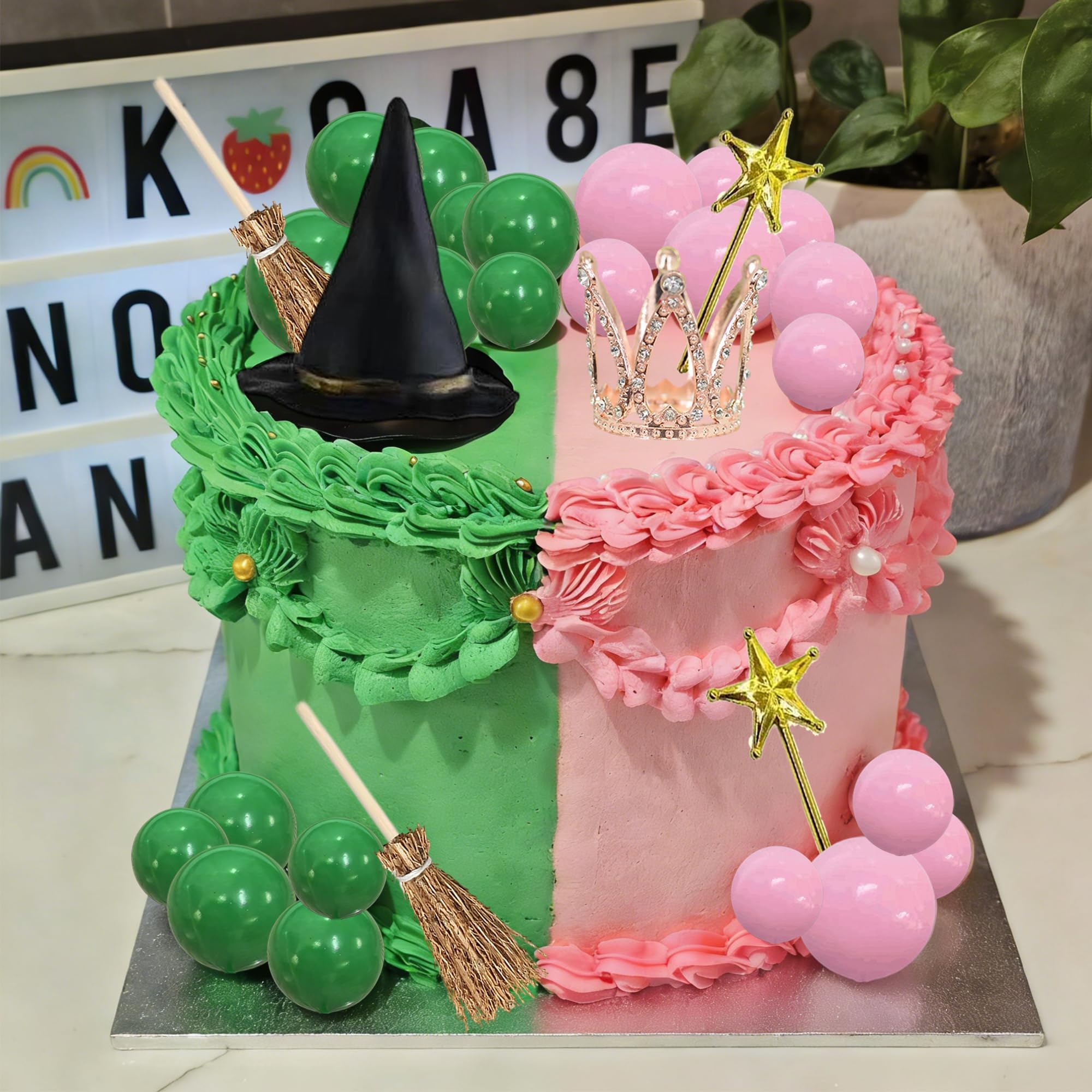 Tyotrbs Witch Hats Cake Topper Glitter Pink Green Balls Cake Pick Crown Cake Decorations for Magic Witch Wizard Theme Baby Shower Kids Birthday Party Wedding DIY Crafts Supplies