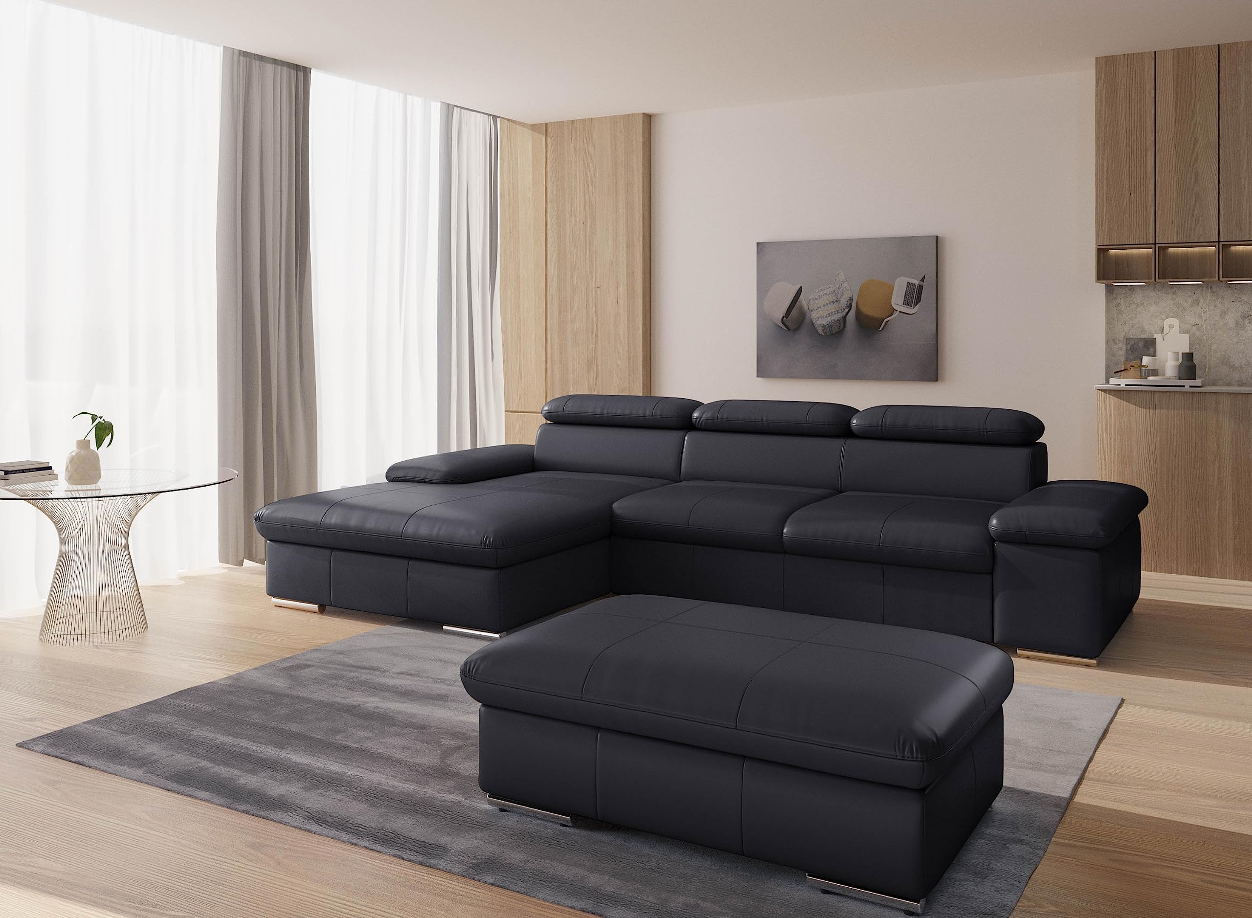 CAVADORE Echtleder-Eckcouch Valerie mit XL-Longchair / Ecksofa mit Kopfteilverstellung, großem Longchair + Metallfüßen / 286 x 73 x 174 / Leder Schwarz