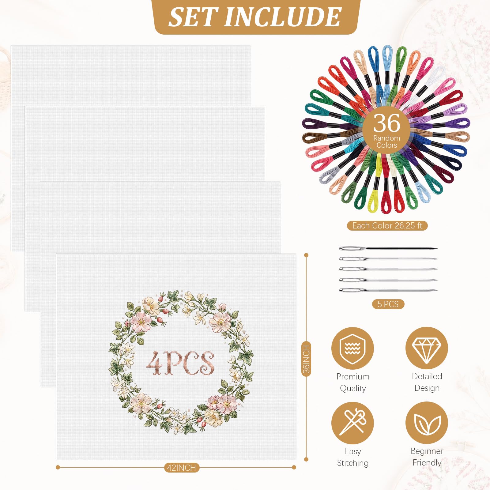 Zeyune Confezione da 4 kit di tela da ricamo con 13 maglie da 91 x 106 cm, grande tela da ricamo in cotone con 36 fili e 5 aghi, kit per principianti per lavori fai da te, decorazioni per la casa