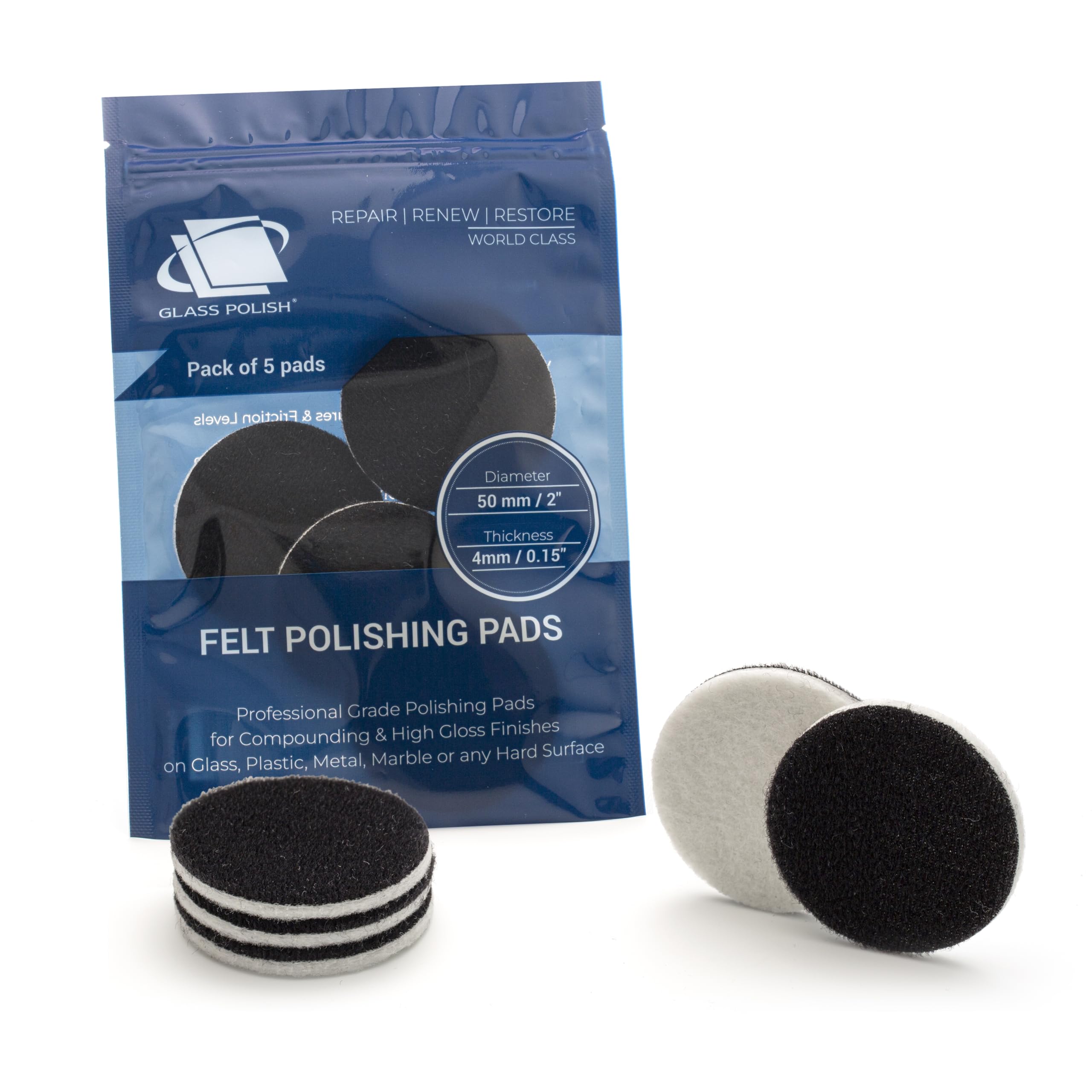 GLASS POLISH 50mm PRO Felt Polishing Pads for Cerium Oxide Glass Polishing, Scratch Removal and Professional High Gloss Finish on Glass, Plastic, Metal and Marble - (5 Pads)