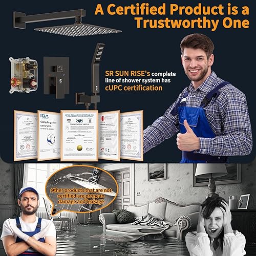 Miniatura 90 de SR SUN RISE Sistema de ducha negro mate de 12 pulgadas, latón de 12 pulgadas, mezclador de lluvia de lujo, conjunto combinado de ducha montado