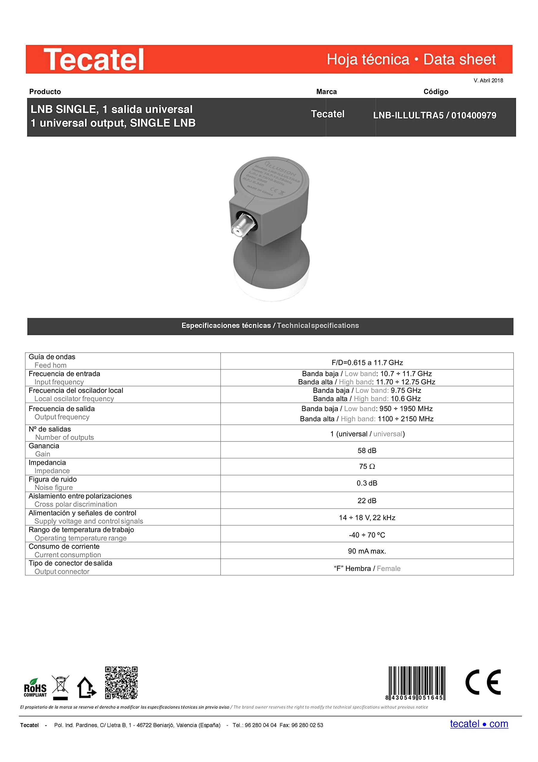 Tecatel E60C1LSCCK1-37 - Kit parabólica de 60 cm (Soporte, LNB Universal, Cable, Conectores, Grapas, Bridas y buscador), Color Blanco
