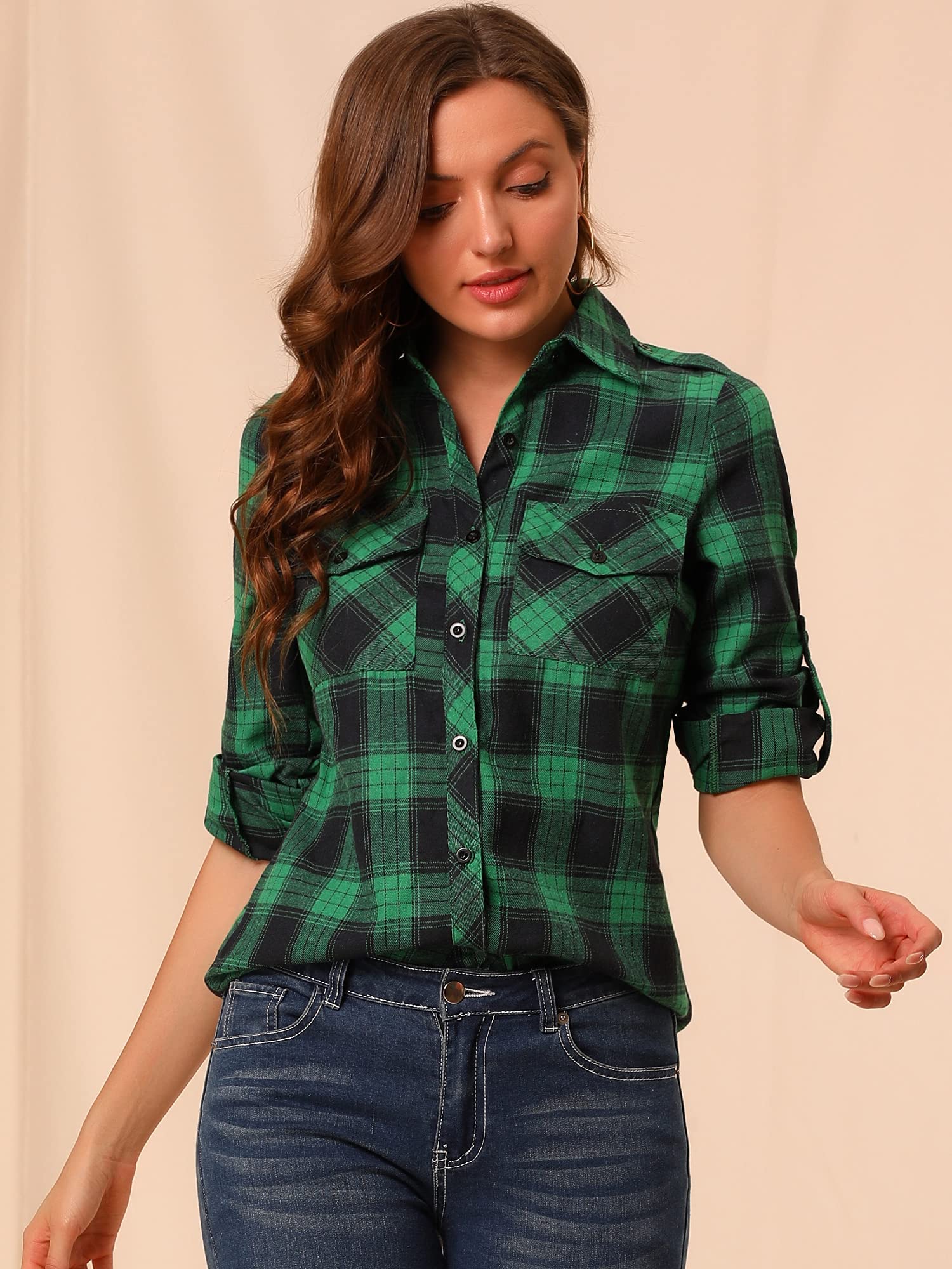 sourcing map Femme Chemise Flanelle à Carreaux Noël Décontractée