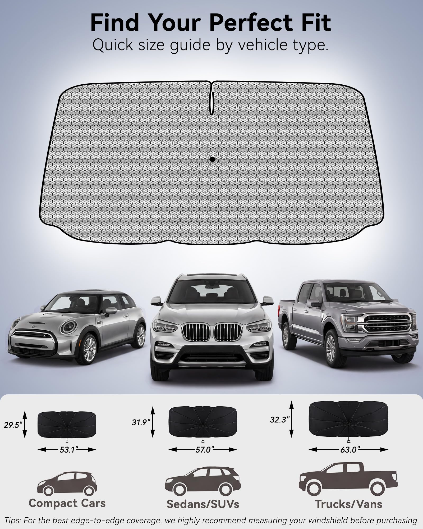 3W Grand parapluie pour pare-brise - 160 x 82 cm - Revêtement en vinyle - Bord à structure à ressort - Protège l'intérieur de la voiture contre les rayons du soleil et les dommages causés par la