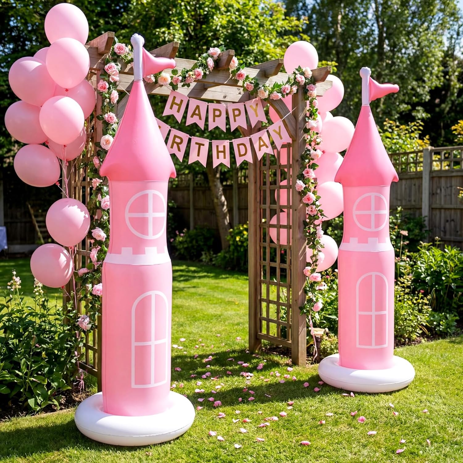 2 Pack 6.2 ft Birthday Party Decorations, Castle Inflatable Stand Castle Blow up Yard Decorations for Garden Indoor Outdoor Party Supplies(Pink, Princess)