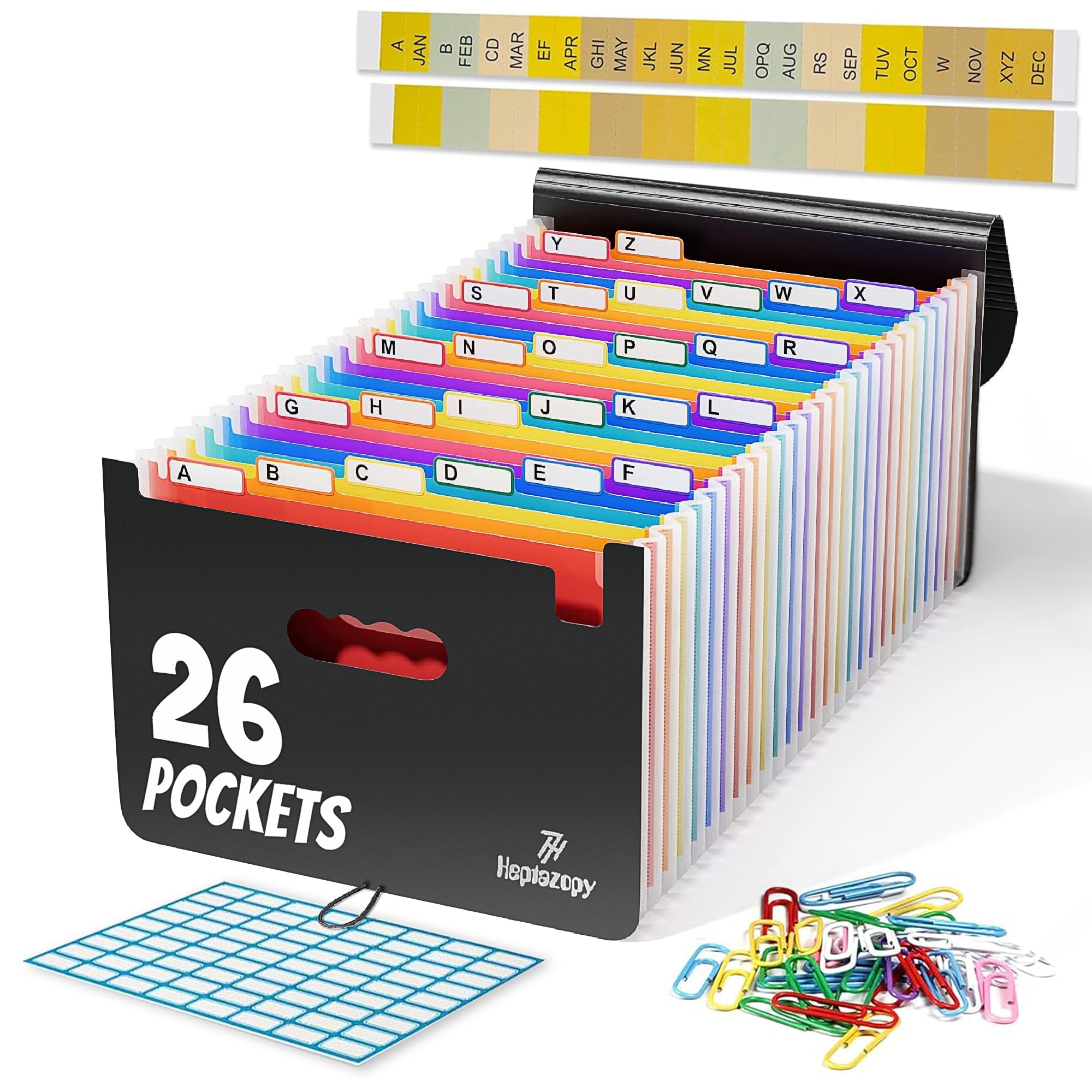 Heptazopy File Organiser, 26 Folders for Paperwork A4, 34 x 25 x 4 cm Document Organiser Quality PP, Flap & Elastic Cord Closure Comes with Labels, Tags & Sticker Card