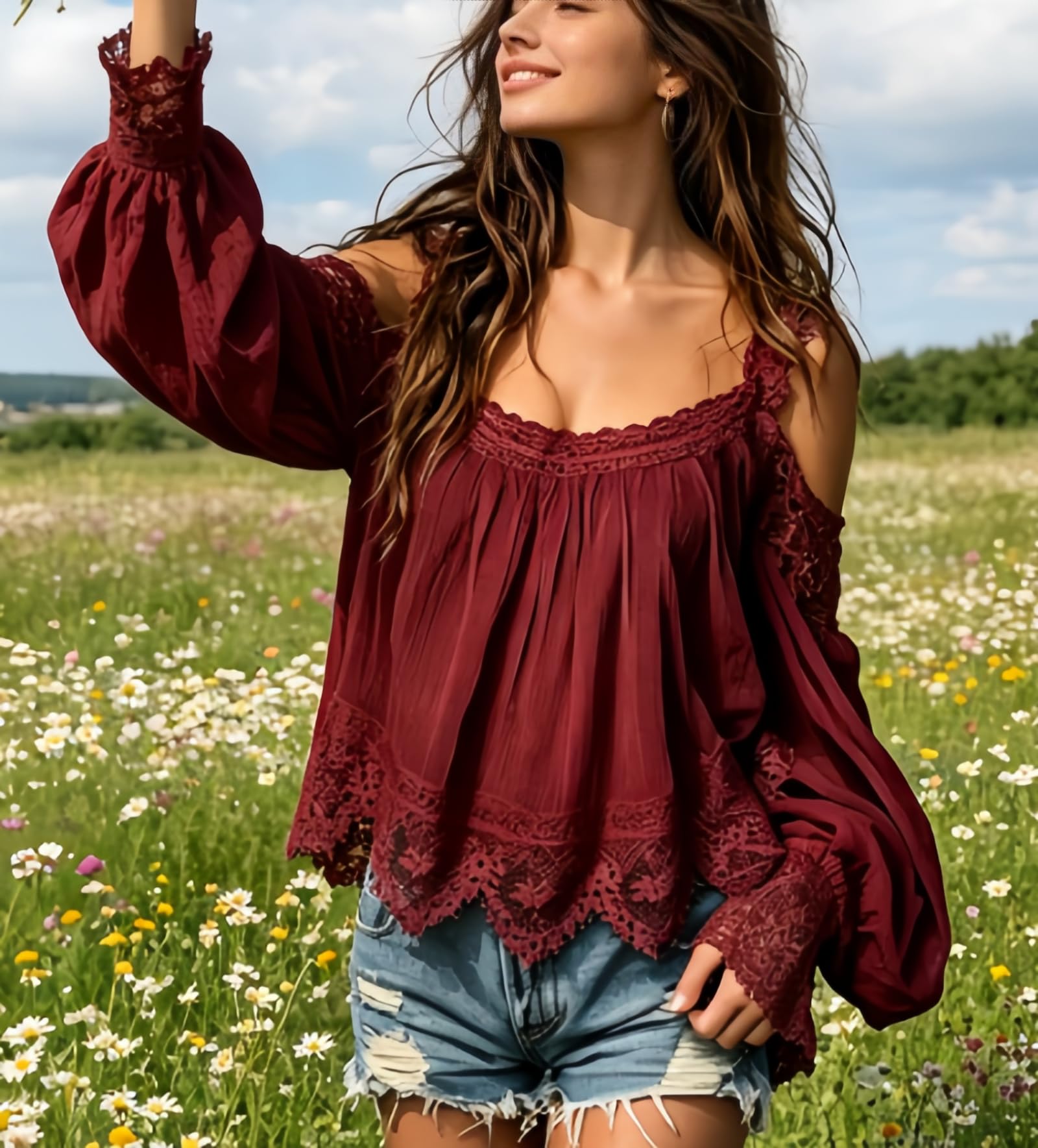 Blusa para Mujer con Mangas abullonadas y Volantes; Top Estilo Boho con Hombros Descubiertos, Efecto Encaje y Tirantes superpuestos (Ideal para Bodas o Eventos semiformales).