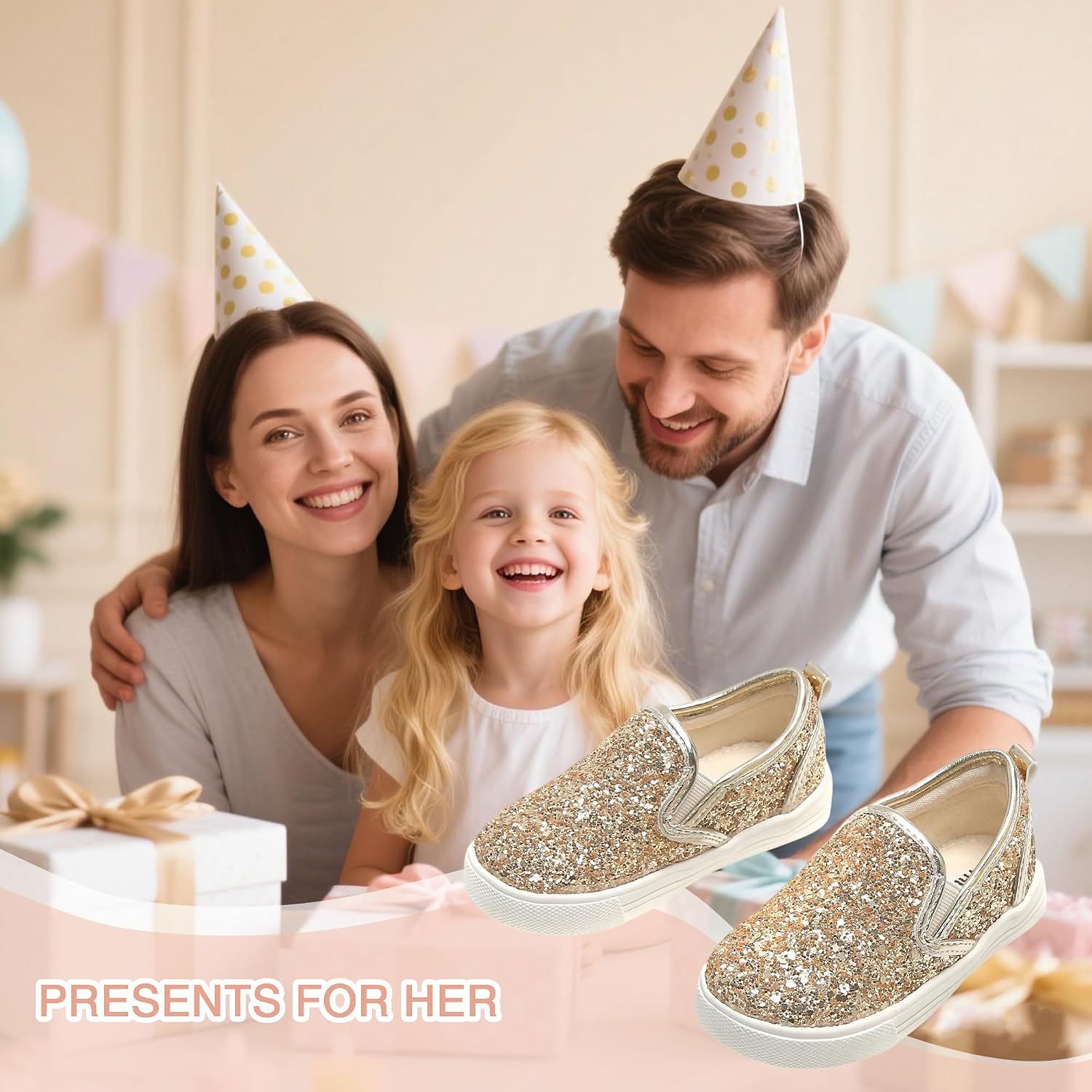 Sparkly Sneakers for Girls 3-12 Years Slip-On Comfort Fit Casual Princess Shoes