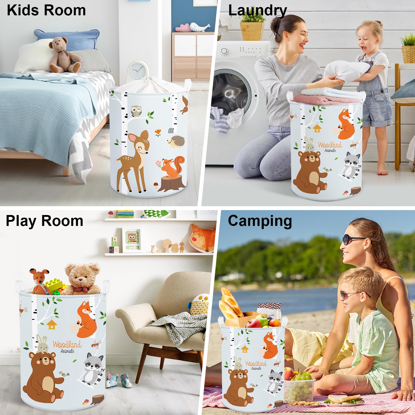 Clastyle 45L Birkenwald Tiere Füchse Bär Waschbär Kinder Wäschekorb Blau Reh Rund Kleidung Spielzeug Aufbewahrungskorb für Kinderzimmer, 36x45 cm