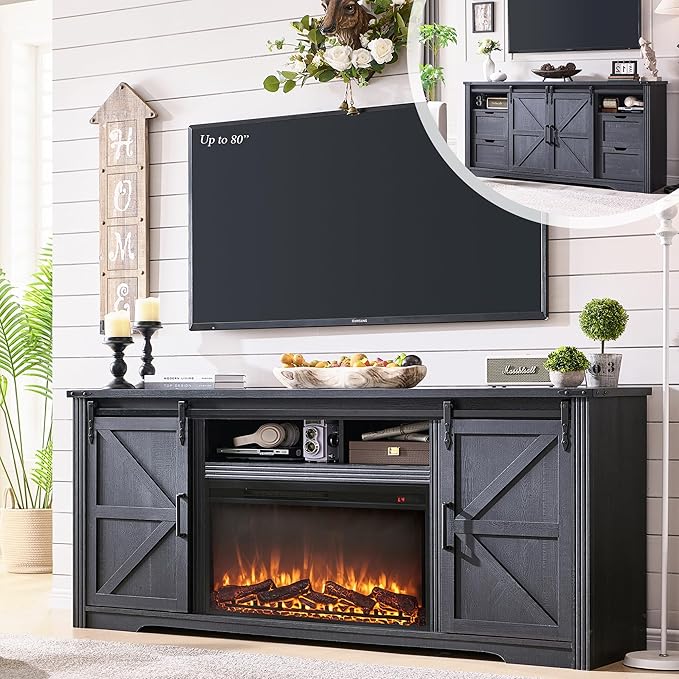 JXQTLINGMU Farmhouse Fireplace TV Stand for 80 Inch TV, 32" Tall Entertainment Center w/Drawer & Sliding Barn Door, 70 Inch Highboy Media Console for Living Room, Black