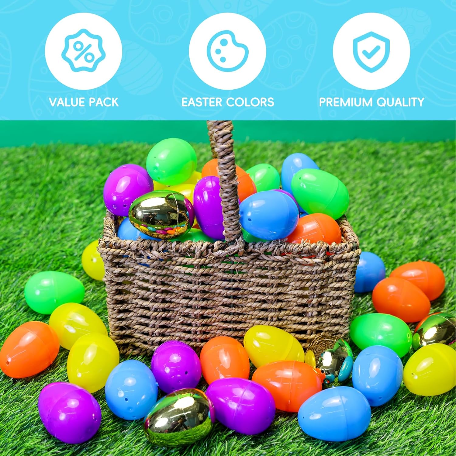 MGparty 100 Pcs Easter Eggs 2.36" Bright Plastic Fillable Easter Eggs Empty with 4 Golden Eggs for Easter Basket Stuffers, Party Favors, Egg Hunt Supplies, and Easter Decorations