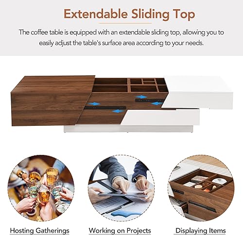Miniatura 6 de Merax Mesa auxiliar extensible deslizante para sala de estar, moderna con cajones, compartimento oculto, muebles de acento multifuncionales, cóctel,