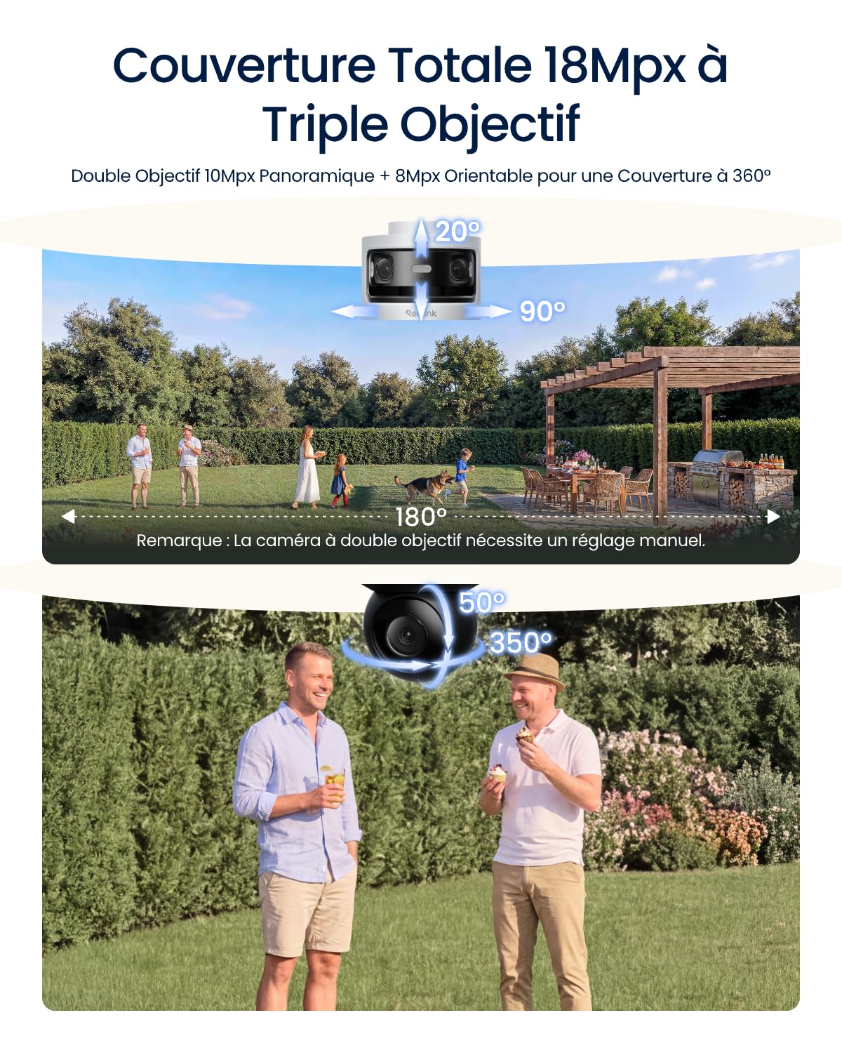 Reolink Caméra de Surveillance à Triple Objectif 10Mpx+8Mpx avec Rotation | Suivi-Synchro et Automatique, WiFi 6 Double Bande, Détection IA, Recherche Vidéo IA Locale, Sans Frais Mensuels, OMVI 3i WiFi