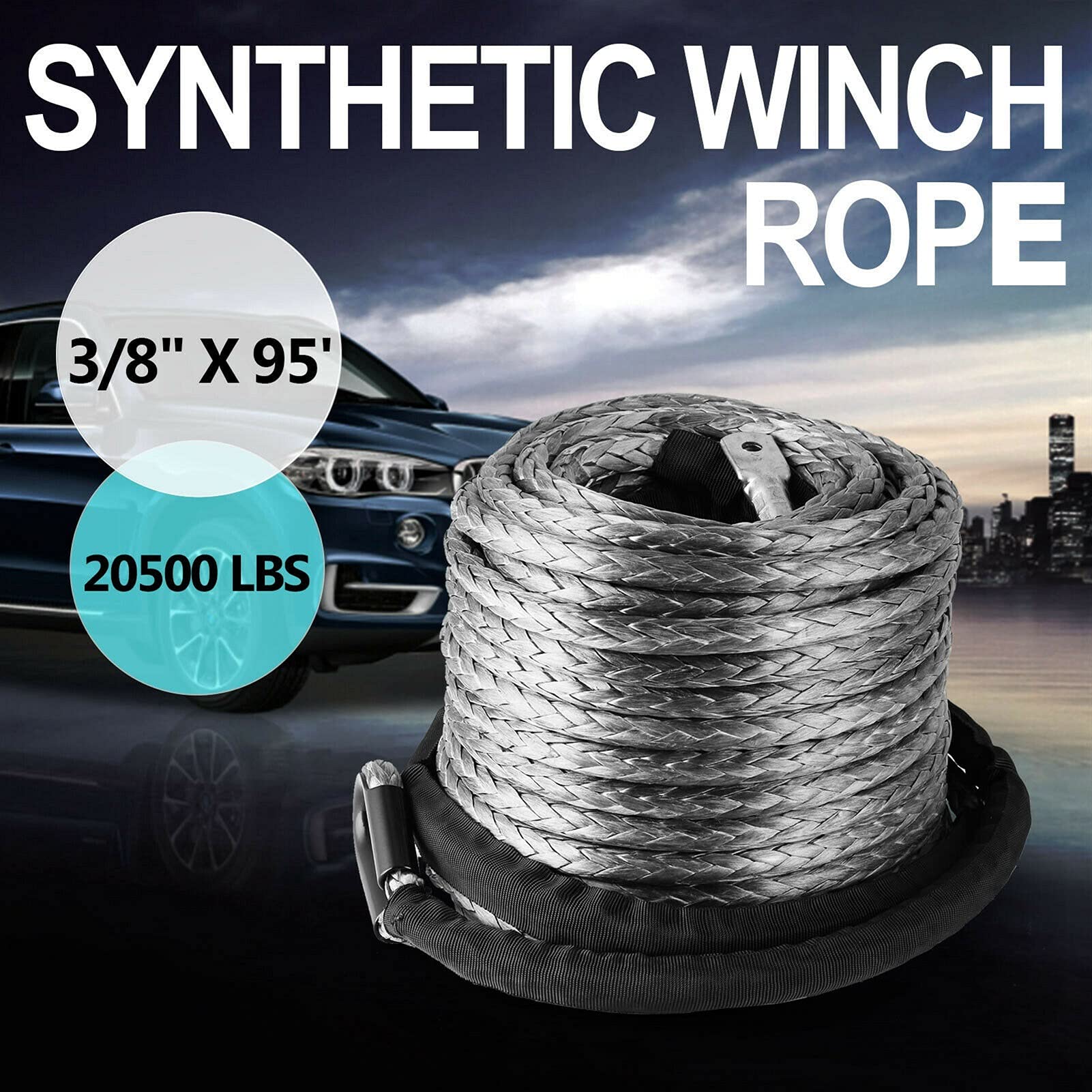 Wciągnik łańcuchowy, 9. 5MM 28M. Lina Winch Syntetyczna 3/8 cala x 92 stóp 2050 0LBS. Recovery z liną kablową linią na rękawie