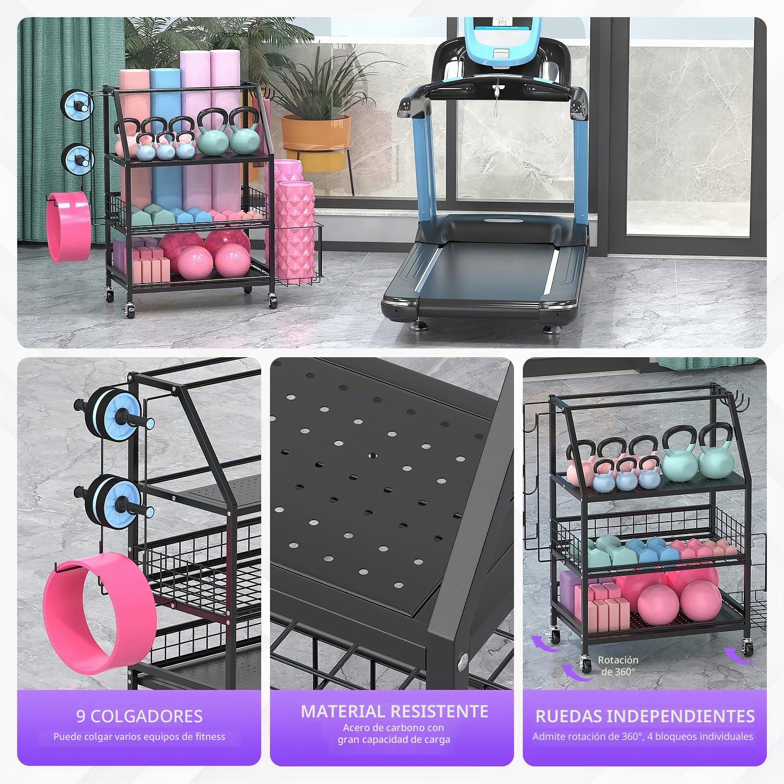 Soporte Para Pesas Gym En Casa, Organizador Gimnasio, Soporte Kettlebell, Para Rodillos De Espuma, Esterillas De Yoga, Mancuernas, Pesas Rusas, Con Ganchos y Ruedas Con Cerradura