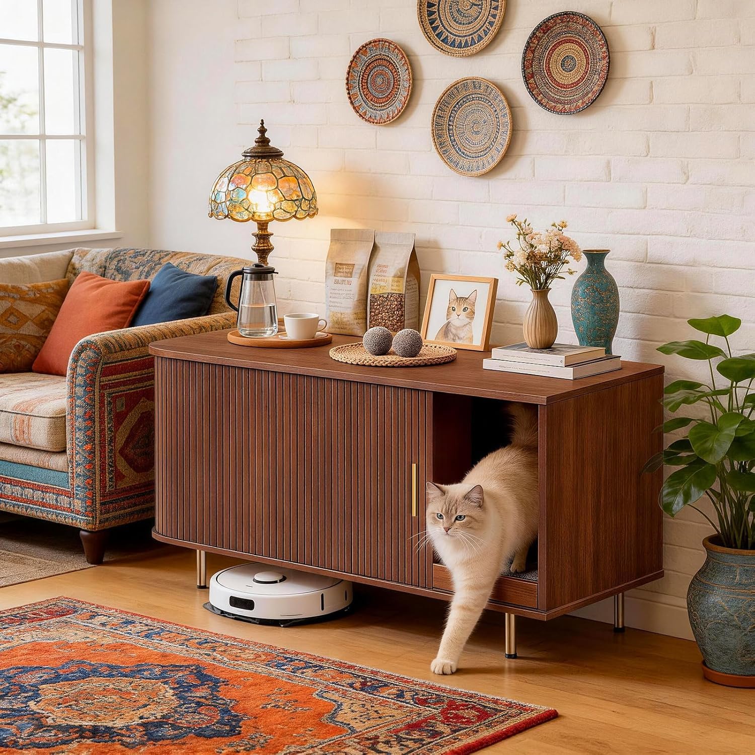 Cat Litter Box Enclosure with Scratch Pad, Sliding Door, 38.5" Cat Litter Furniture Hidden Litter Box Cabinet, Modern Indoor Cat House, TV Stand, Side End Table for Living Room (Walnut)