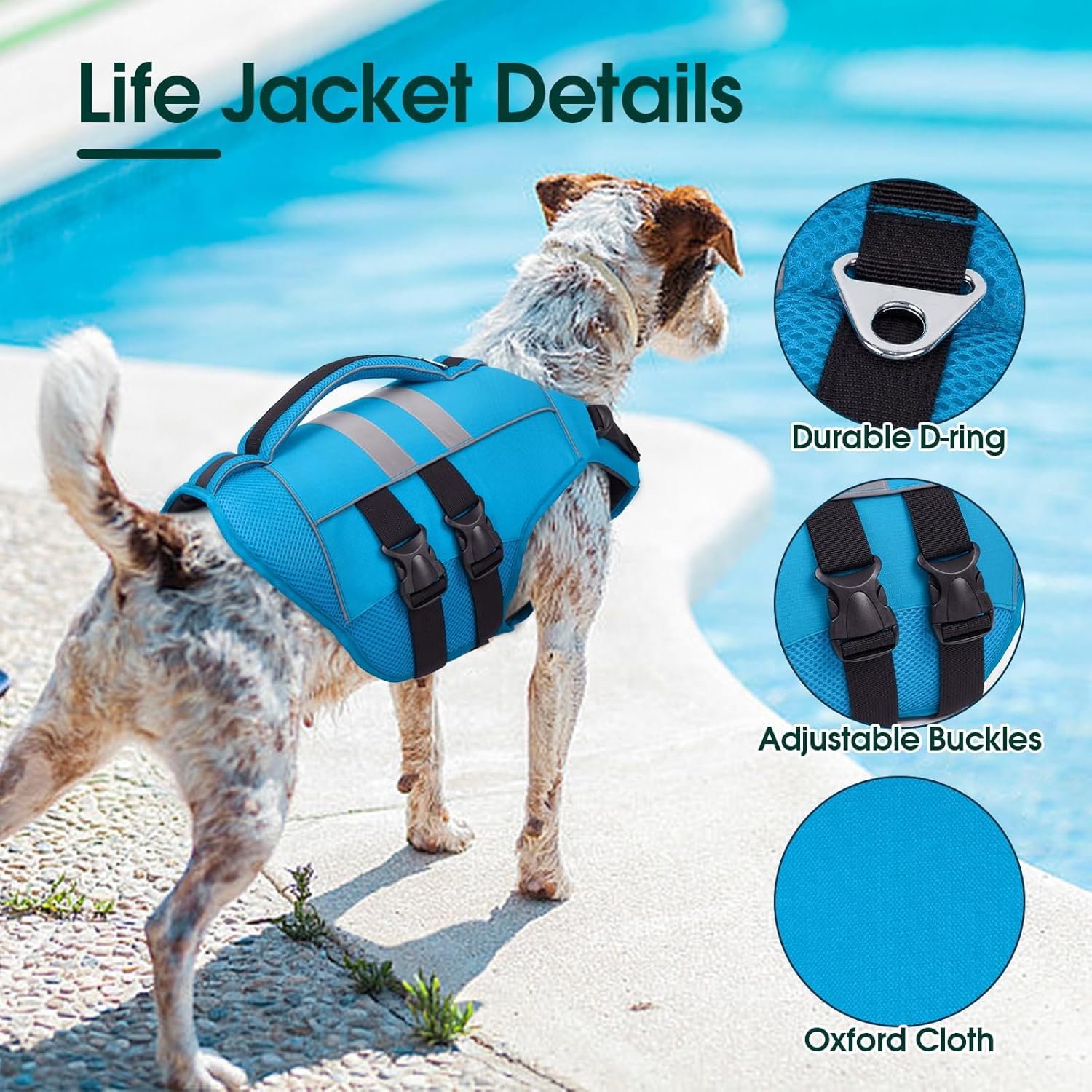 Kuoser Dog Life Jacket Large, High Flotation Puppy Water Vest for Swimming Boating, Reflective Doggie Swim Vest Pet Life Preserver with Rescue Handle, Blue L