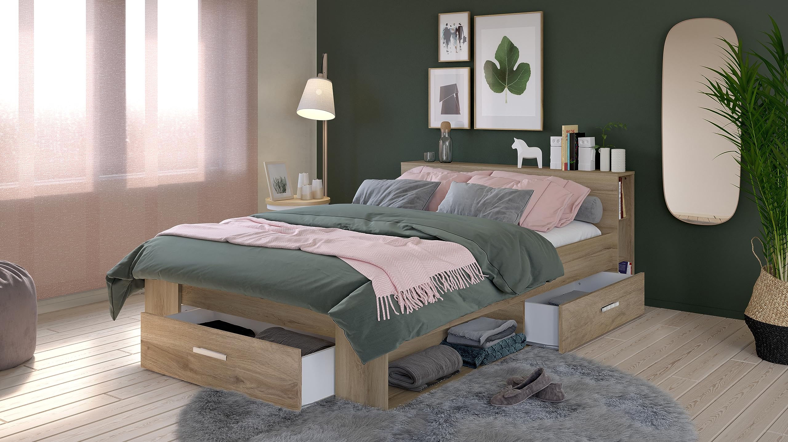 Lit avec Rangement 140x190 Style Contemporain 3 Tiroirs – Coloris Chêne - 150,1 x 217,1 x 74,3 cm