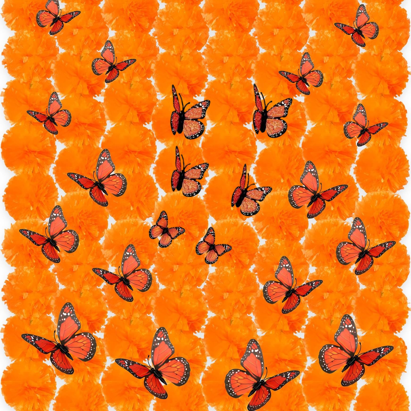 Ameble 1 Set Day of Dead Decorations Include 50 Marigold Flower Heads and 24 Monarch Butterfly for Diwali Indian Home DIY Wreath Garland Halloween Craft Halloween