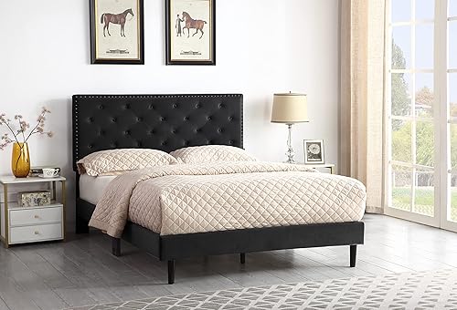 Miniatura 15 de Base de cama de plataforma tapizada completa con cabecero ajustable de 48 pulgadas de alto, cama de terciopelo de gamuza copetuda con botones,