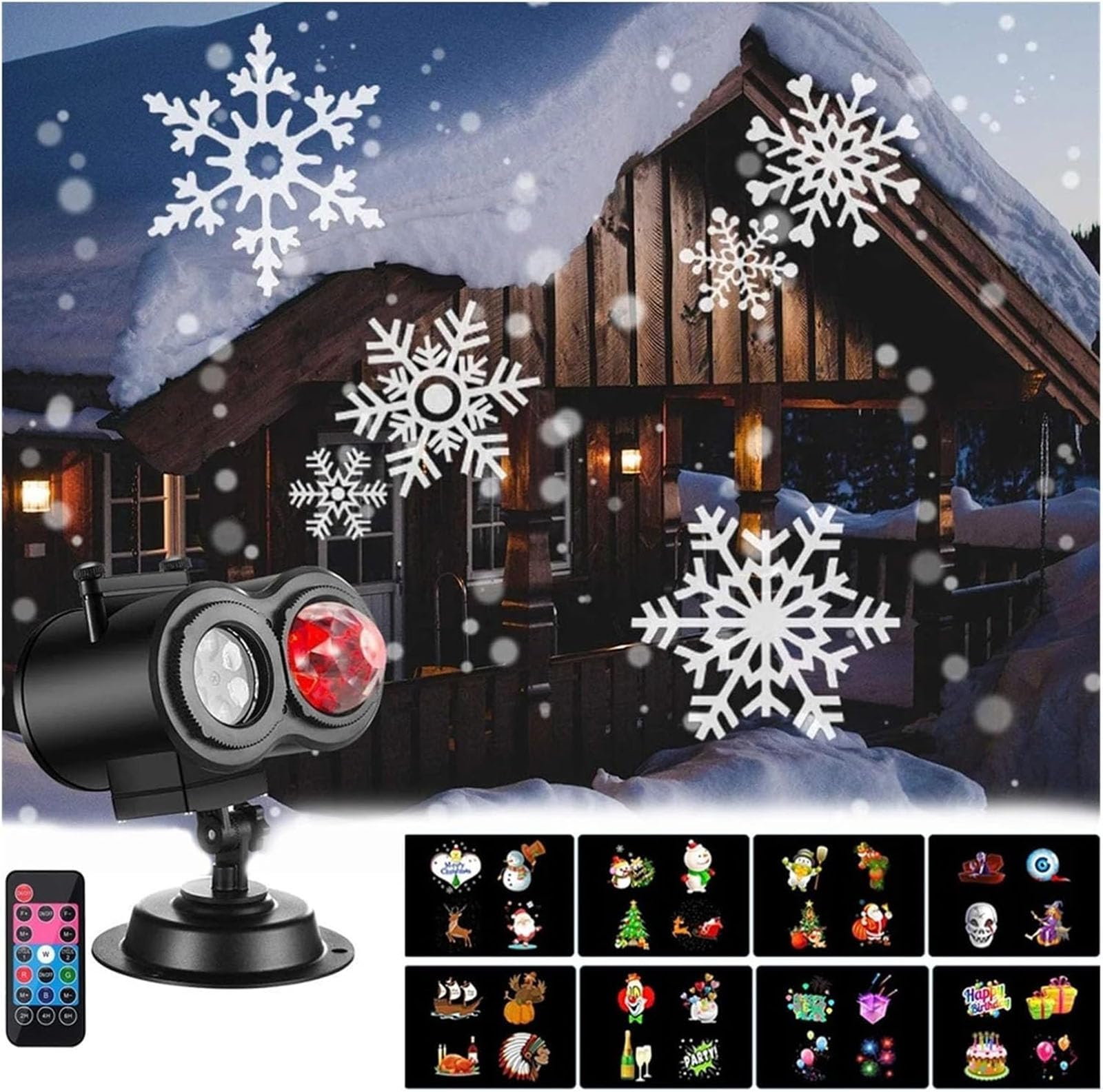 Proiettore di Luci Nevicate, Proiettore di Luci Natalizie con Telecomando, 10 Onde d'Acqua E 16 Effetti HD, Base con Rotazione a 360° E Design Resistente all'Acqua IP44, per Decorazioni Natalizie
