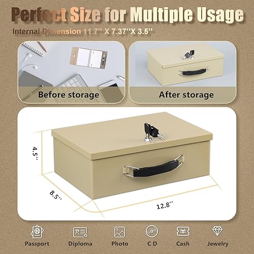 Miniatura 3 de xydled Caja fuerte resistente al fuego con cerradura de llave para almacenamiento de seguridad de objetos de valor, 12.8 x 8.5 x 4.5 pulgadas, arena
