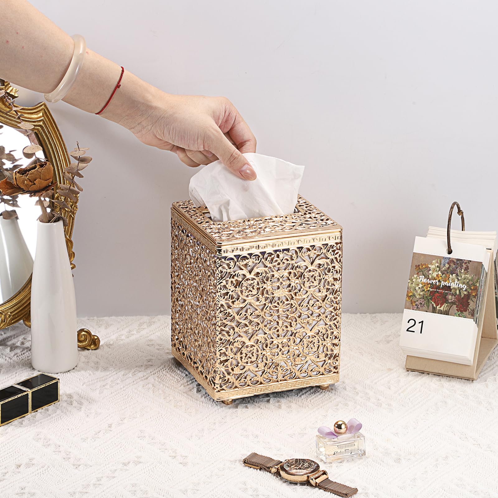 Sumnacon Stilvolle quadratische Taschentuchbox aus goldfarbenem Metall mit Deckel, robust und elegant, perfekt für Zuhause und Büro
