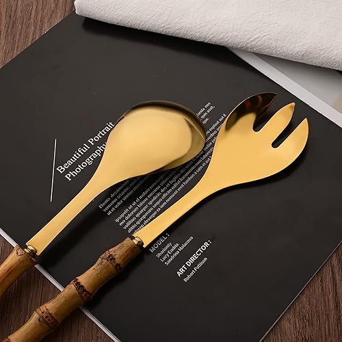Vista 18 de Juego de 2 cucharas de servir de acero inoxidable de 10.0 pulgadas con mango de bambú natural, grandes utensilios plateados para servir, cucharón