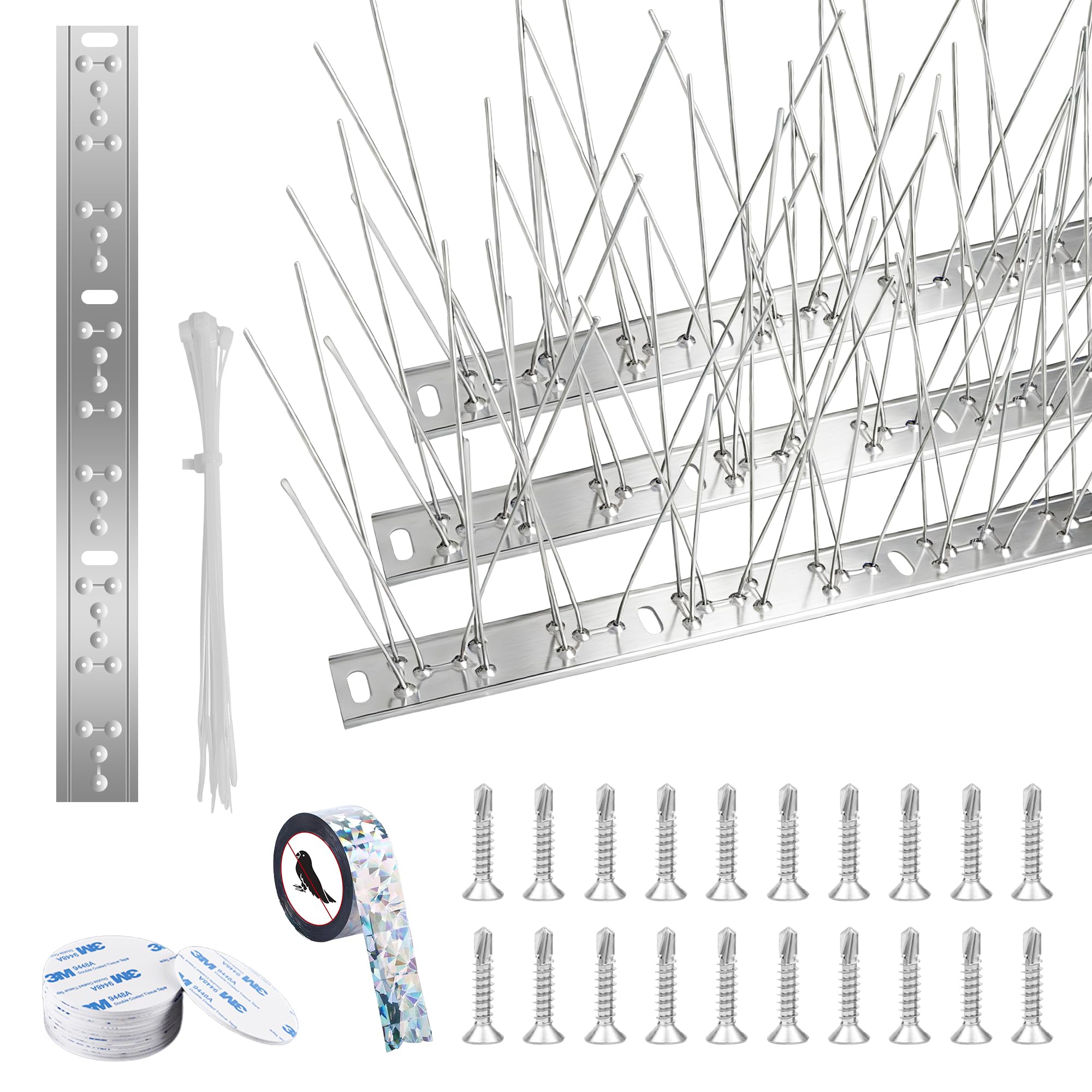 PJExim Bird Spikes, Made of 304 Stainless Steel, 2.5m Pigeon Spikes Set with 20 Cable Ties, Screws and 3M Tape, Suitable for Balcony, Roof and Window, Seagulls and Small Birds