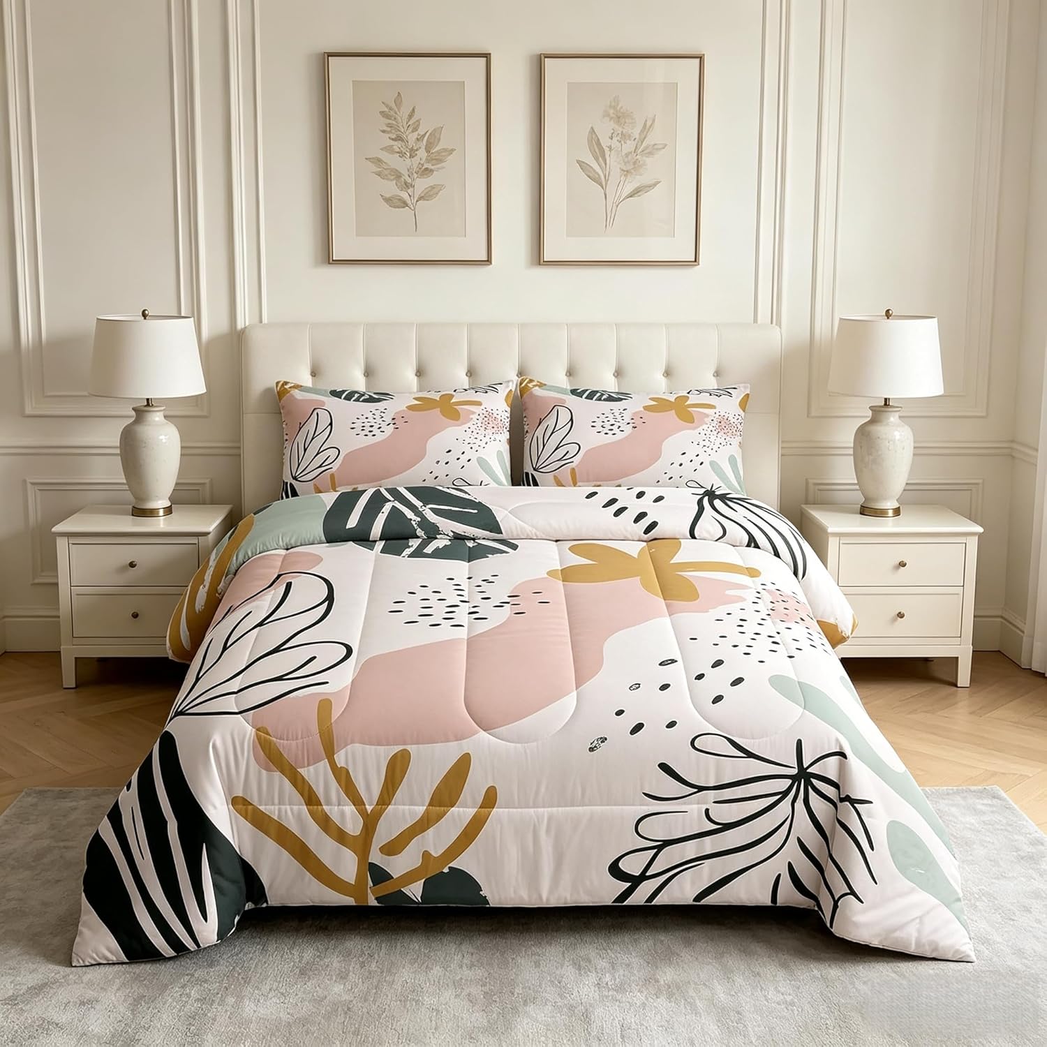 Manfei Abstract Palm Leaves Kids Comforter Set Twin Size,Geometric Line Stripe Dot Bedding Set for Boys Girls Room Decor,Boho Exotic Quilt Comforter,Baby Pink Duvet Set Bedroom Quilt Set,1 Pillowcase