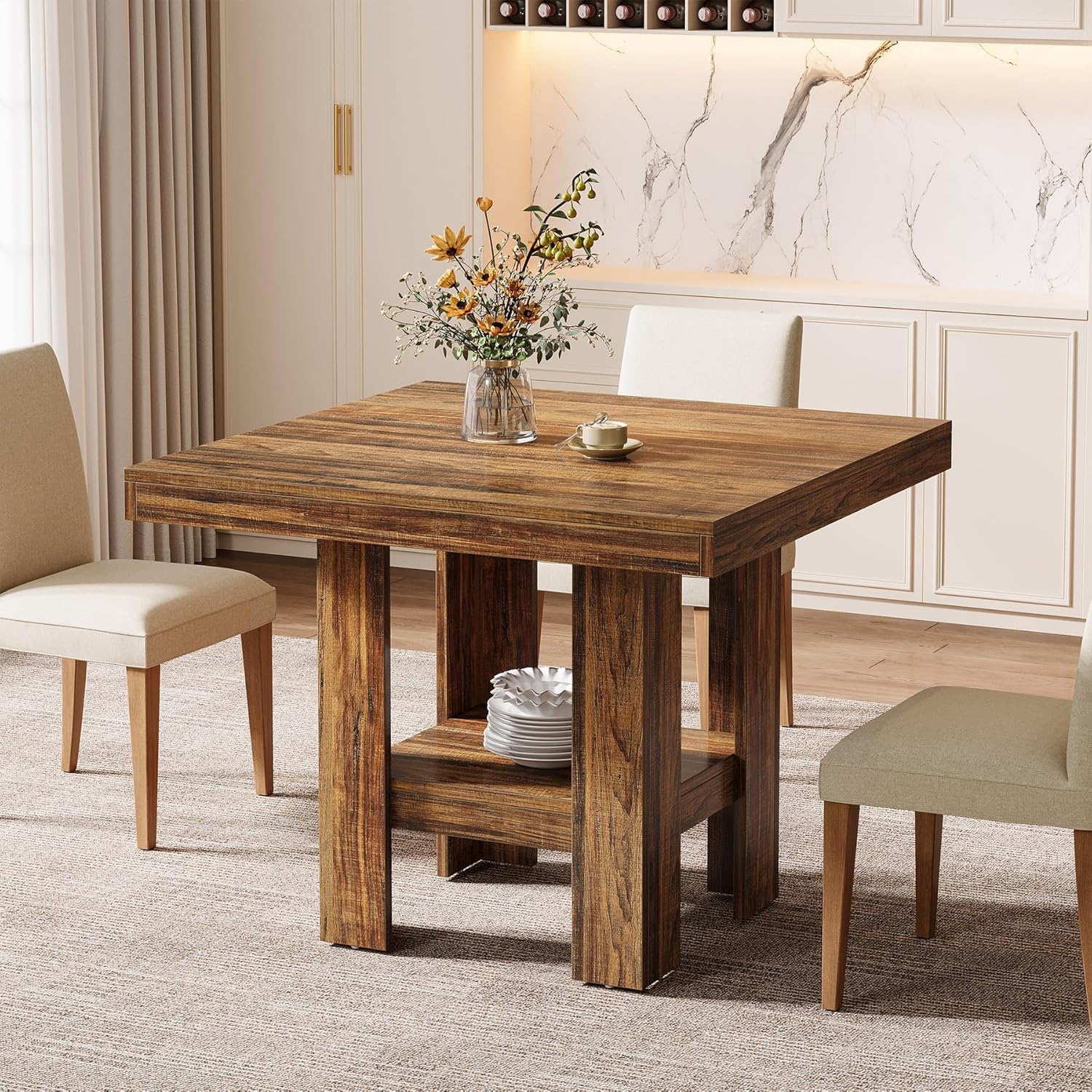 Rechthoekige landelijke eettafel voor 4 tot 6 personen, 140 x 80 cm, eiken en wit