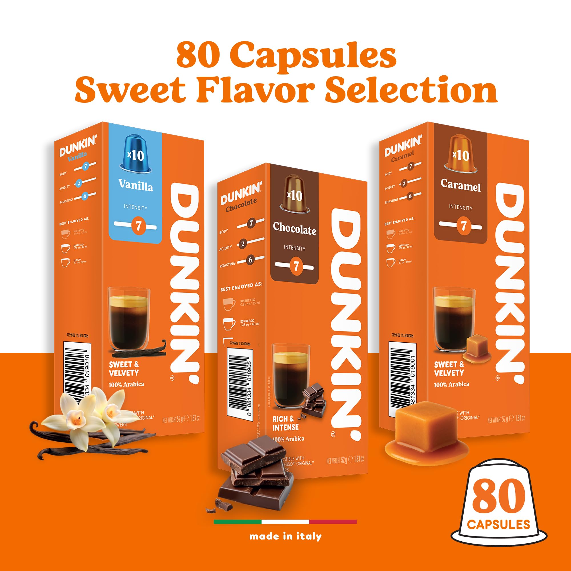 Flavor Dunkin' Donuts - 80 Cápsulas de Café, 3 Sabores Aromatizados: Vainilla, Chocolate, Caramel, Compatibles con Máquinas Nespresso, Cremoso y Aromático, Idea Regalo