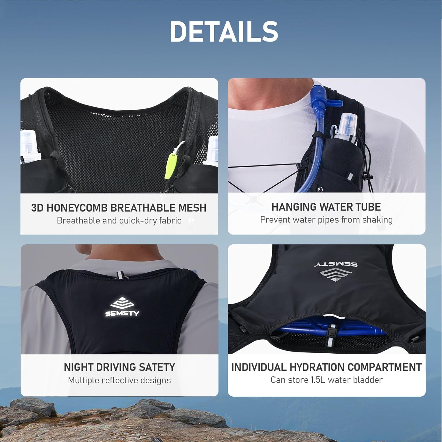 Running Hydration Vest 5L, Running Backpack with 2x500ml Soft Flask, Lightweight Water Backpack Reflective Trail Running Vest for Running Hiking Cycling