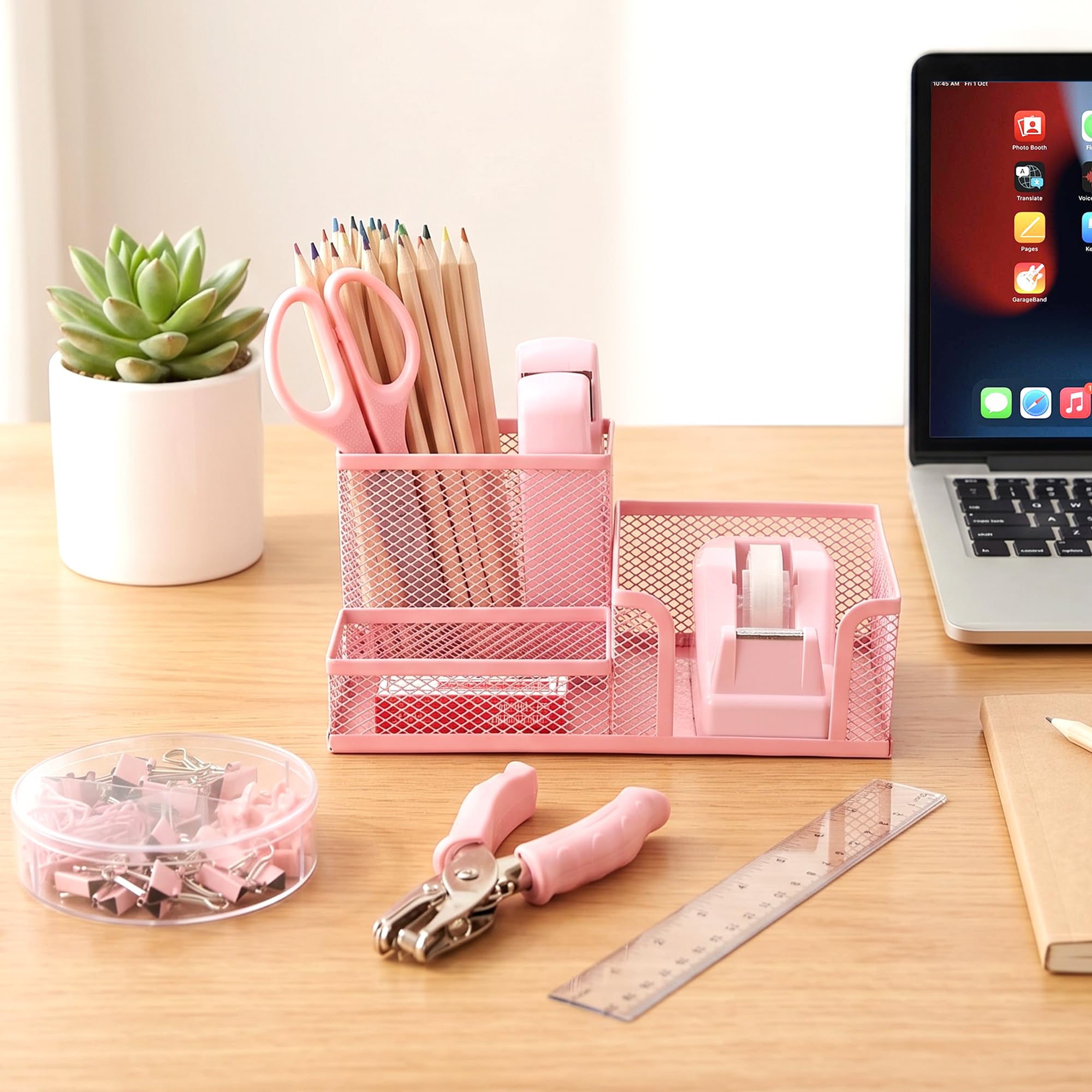Schreibtisch-Zubehör, 9-teiliges Schreibtisch-Organizer und Zubehör mit Netz-Stifthalter, Hefter, Klebebandspender, Locher, Bürobedarf-Set für Büro, Zuhause, Schule, Frauen, Studenten