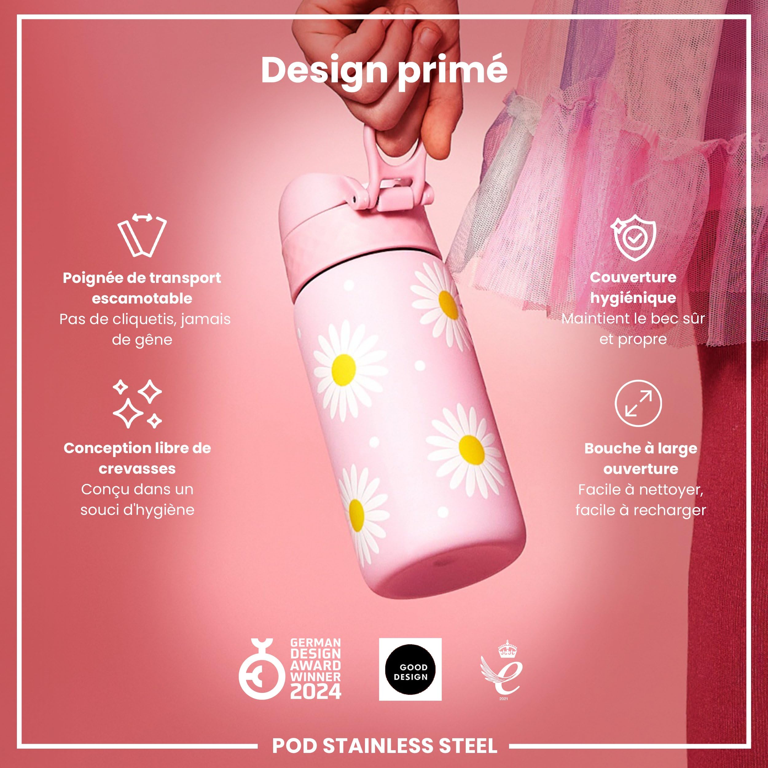 Ion8 Gourde Enfant Inox 400ml Anti-Fuite Verrouillage Sécurisé Lavable Lave-Vaisselle Acier Inoxydable Marguerites