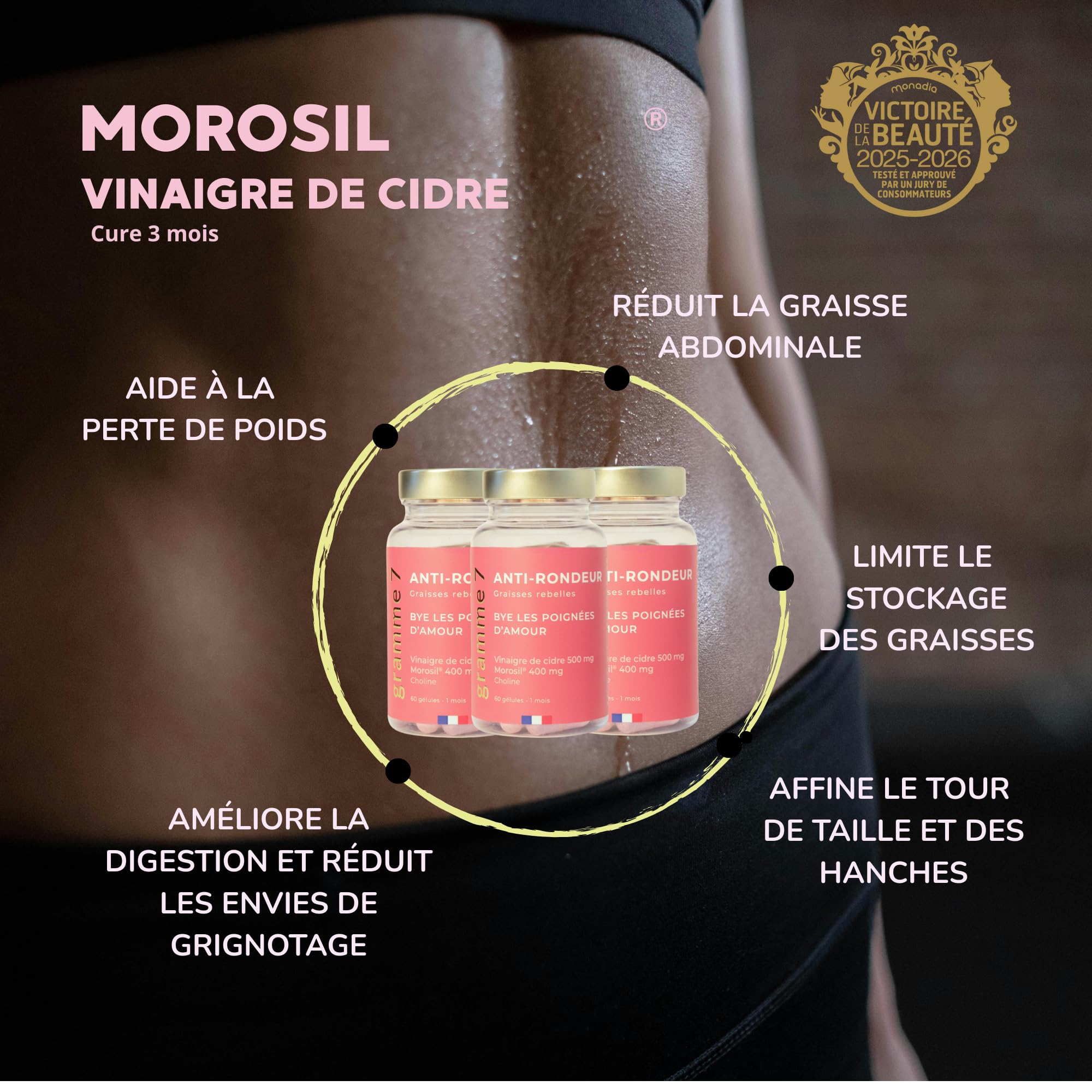 Morosil® 400 mg - Brûleur de Graisse Puissant - Vinaigre de Cidre 500 mg - Choline - Perte de Poids & de Graisse Abdominale - 60 Gélules - Vegan - Fabriqué en France