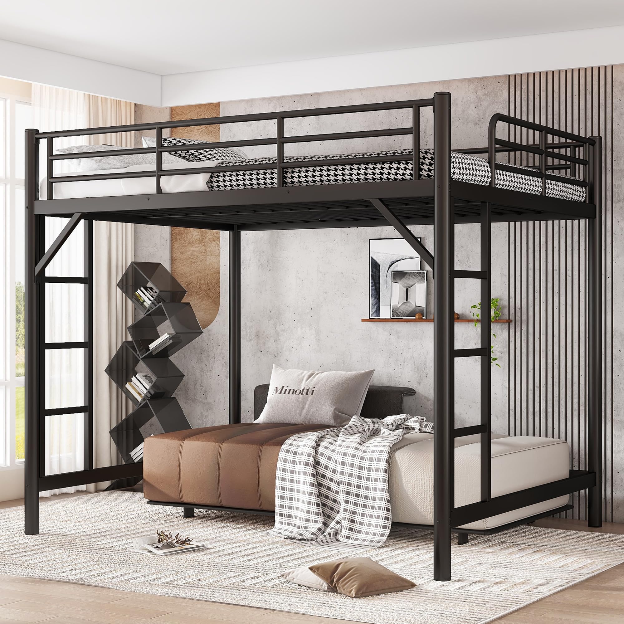 View 1 of **The photo and description are for reference purposes.***Metal Queen Size Loft Bed,Heavy Duty Loft Bed Frame Queen with 2 Ladders and Guardrails for Kids, Teens, Adults,Noise-Reducing,Space-Saving,Round Tube,Black